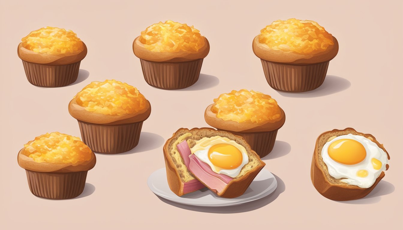 A golden-brown breakfast muffin filled with ham, egg, and melted cheese, ready to be eaten on the go