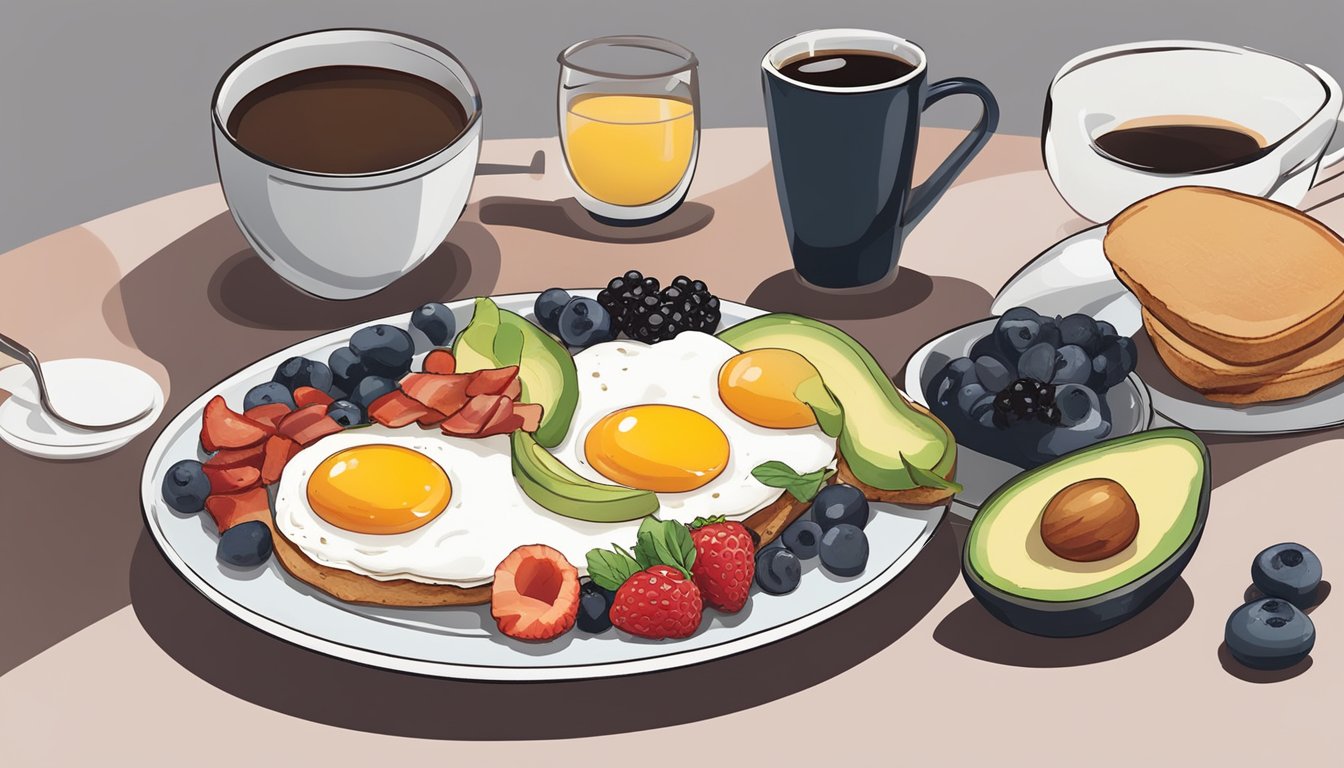 A breakfast table with keto-friendly foods like eggs, avocado, bacon, and berries, alongside a cup of black coffee