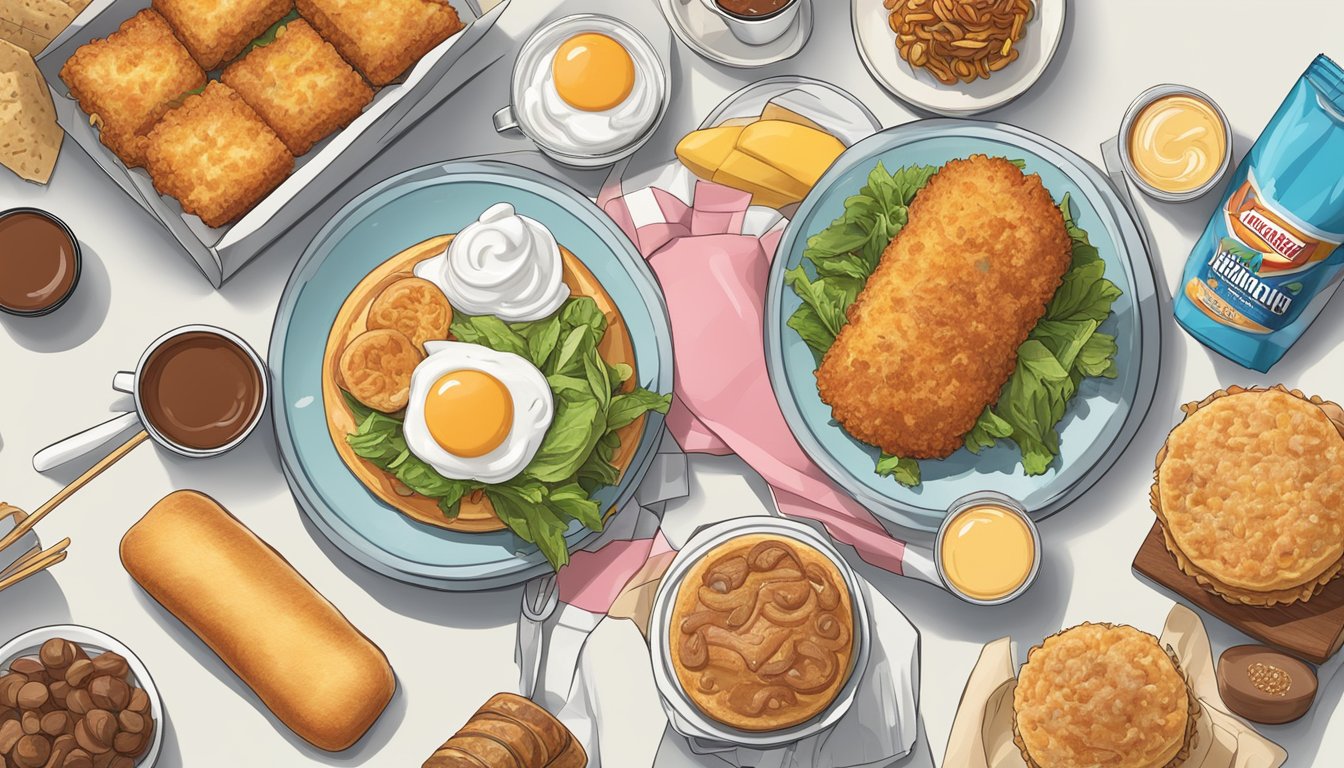 A hand holding a crispy hash brown stick, surrounded by other one-handed breakfast items like a breakfast sandwich, yogurt parfait, and a wrapped muffin