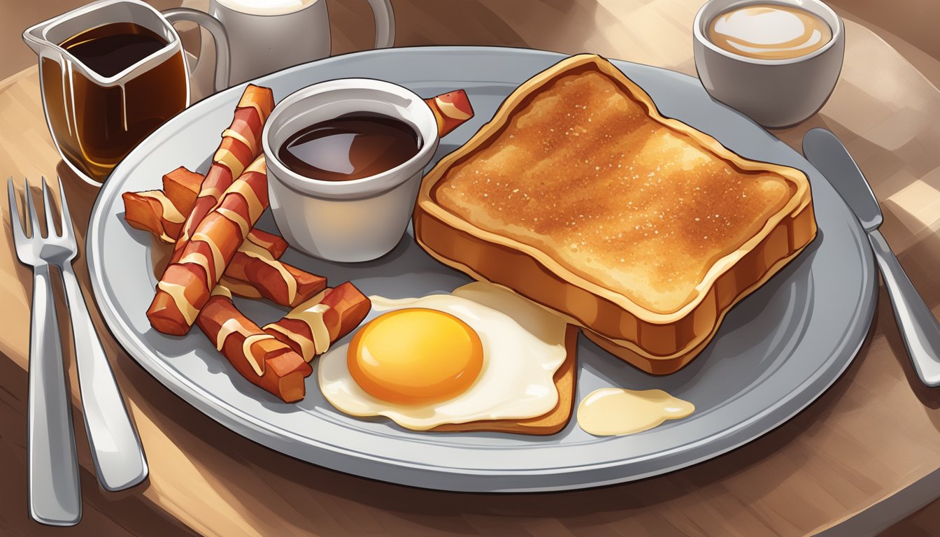 A plate with French toast sticks, syrup, and a side of breakfast potatoes and bacon, all arranged in an appetizing and visually appealing manner