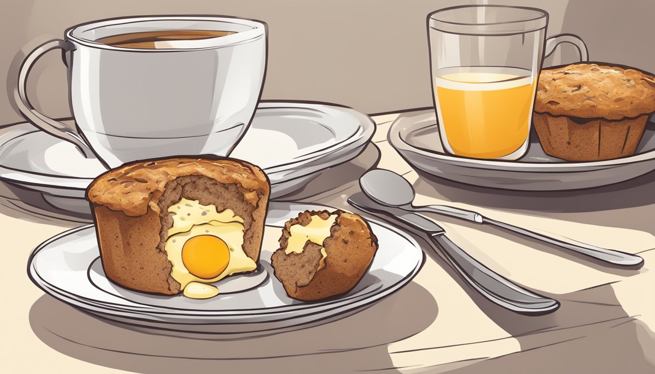 A breakfast muffin with sausage, egg, and cheese, sitting on a plate with a cup of coffee next to it