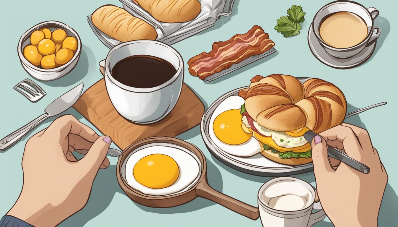 A hand placing eggs onto a Croissan'wich surrounded by ingredients like cheese, bacon, and sausage, with a cup of coffee on the side