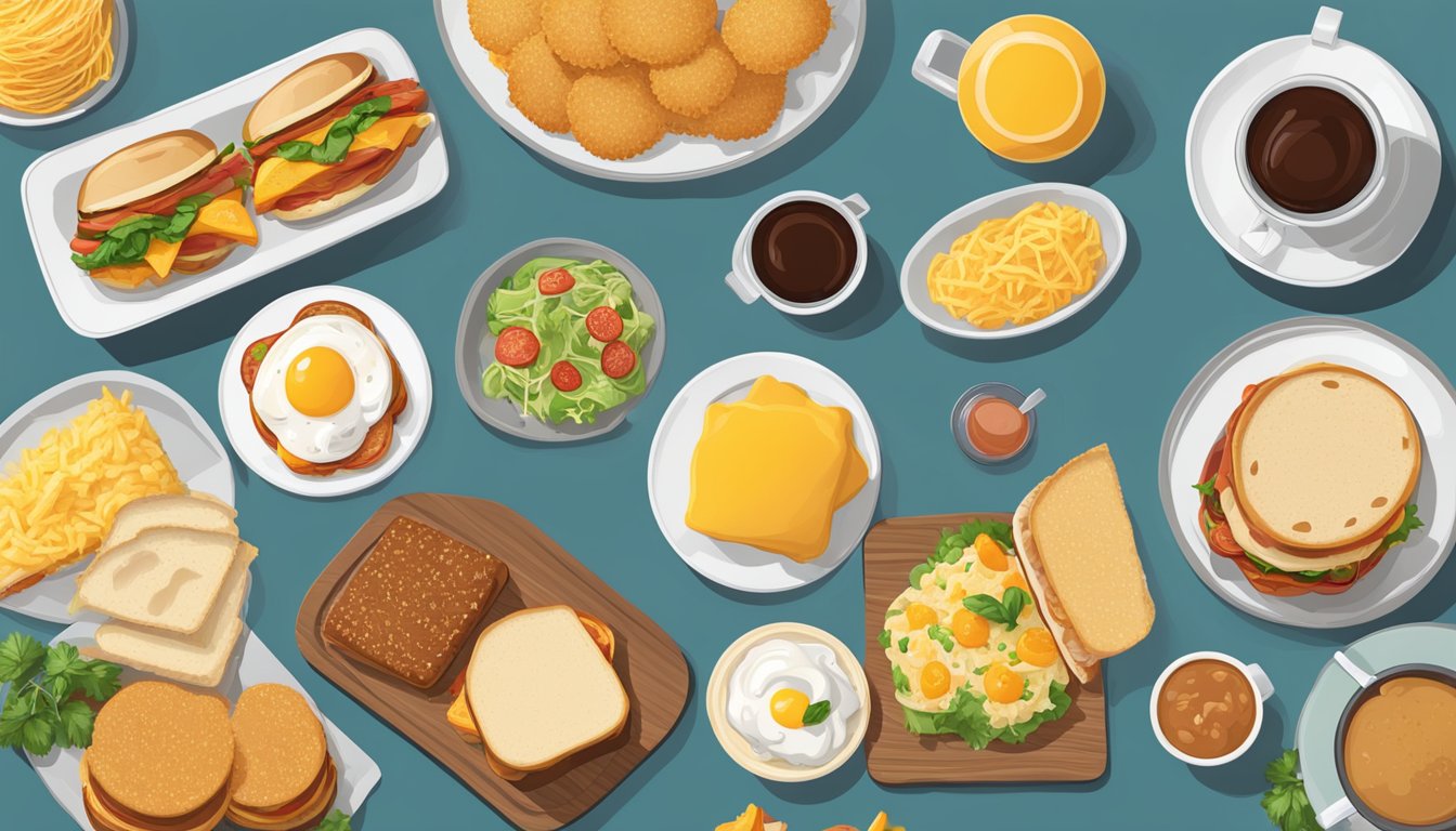 A table set with 6 different breakfast combos, each with a variety of items like sandwiches, hash browns, and drinks, arranged neatly for display