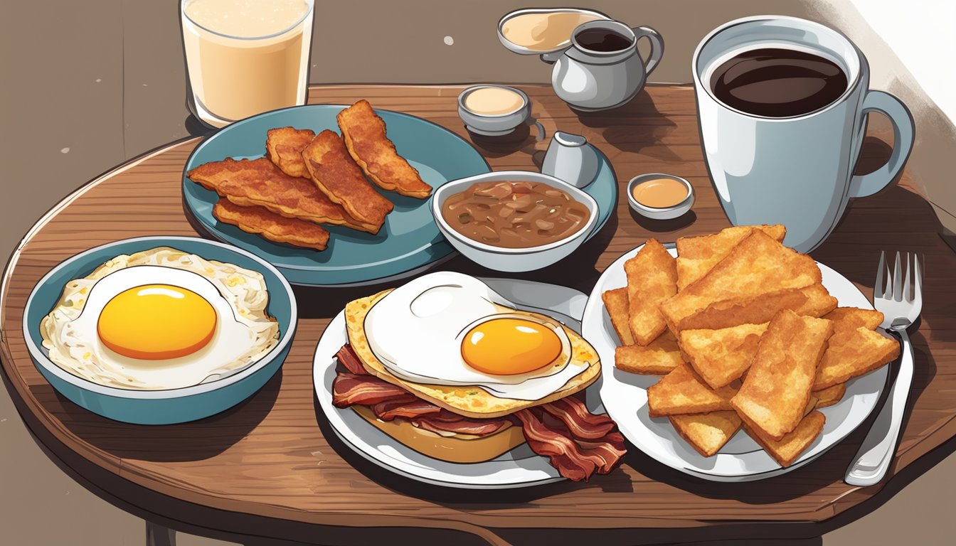 A plate of breakfast food with hash browns, eggs, bacon, and toast, surrounded by a variety of condiments and a cup of coffee