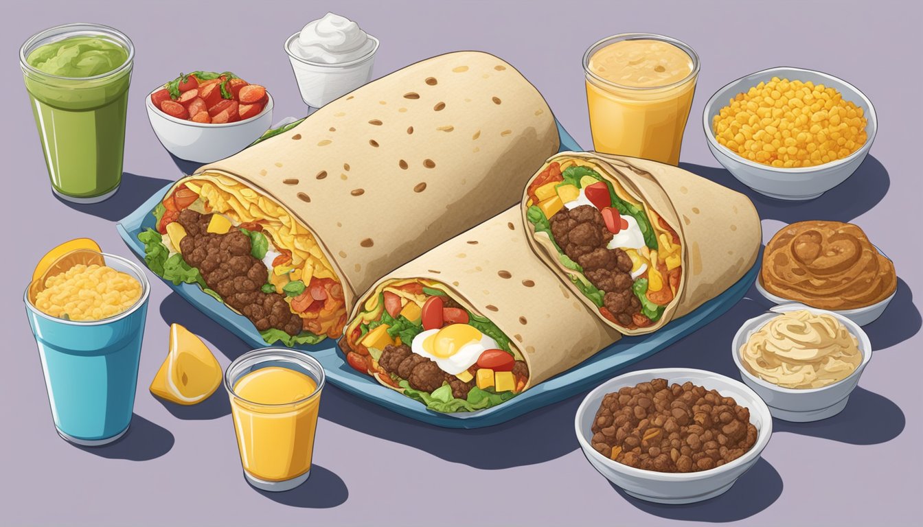 A giant burrito surrounded by 10 breakfast items, all easily held in one hand