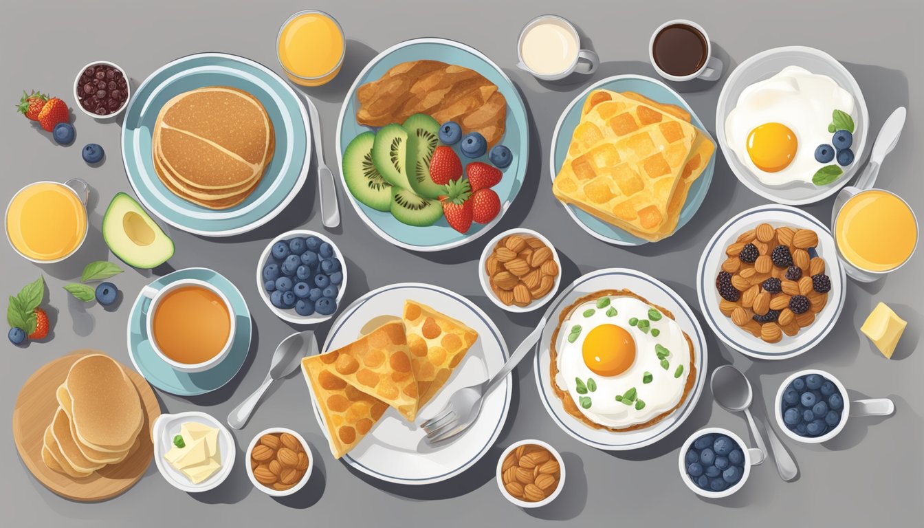 A table spread with 10 breakfast items, each designed for easy one-handed consumption, showcasing their nutritional benefits