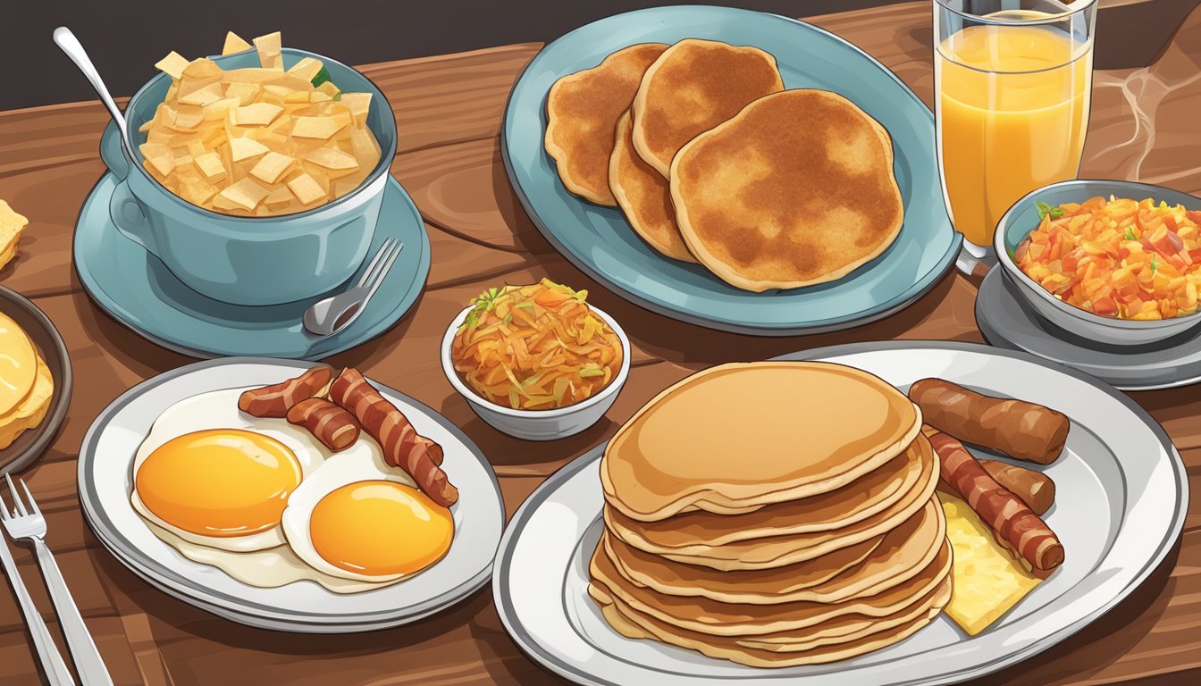 A plate of pancakes surrounded by various breakfast items like eggs, bacon, sausage, and hash browns, with a glass of orange juice on the side