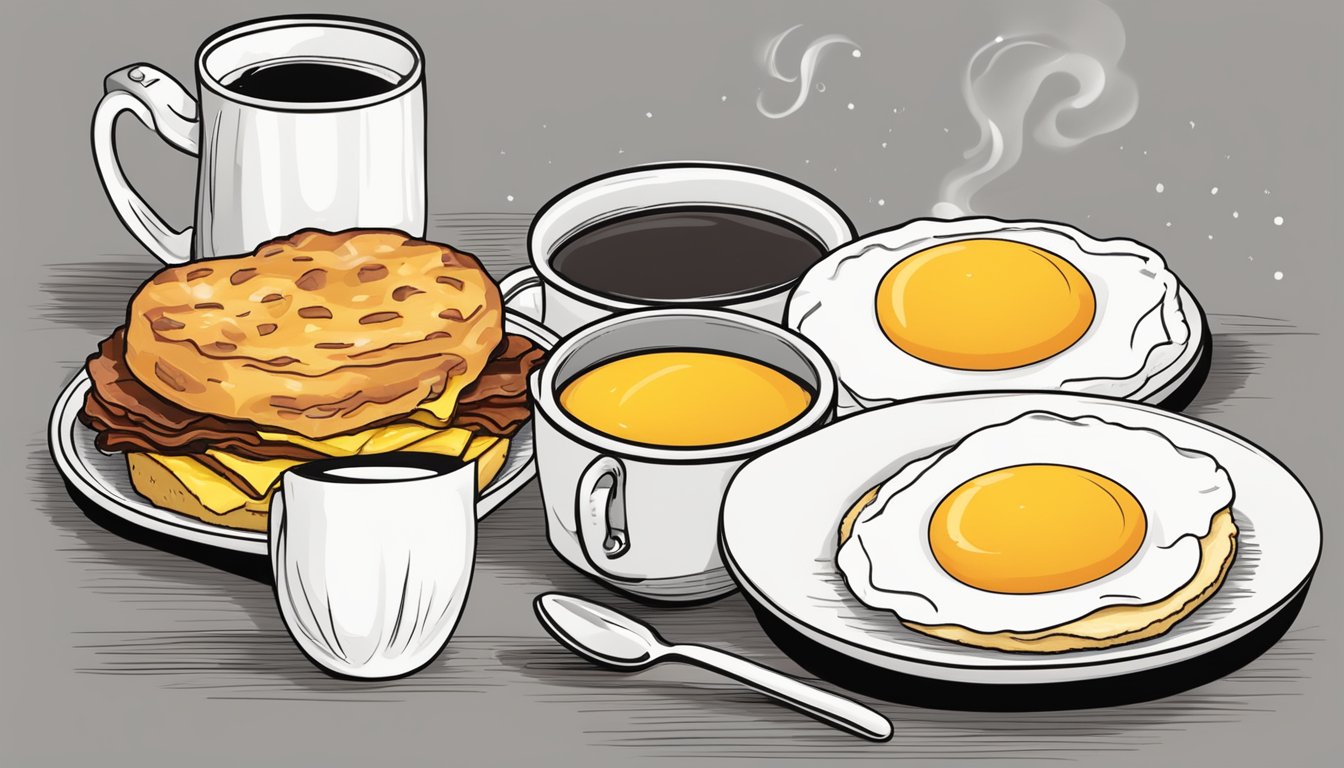 A sizzling bacon, egg, and cheese biscuit sits on a plate beside a steaming cup of coffee, ready for a quick and delicious breakfast