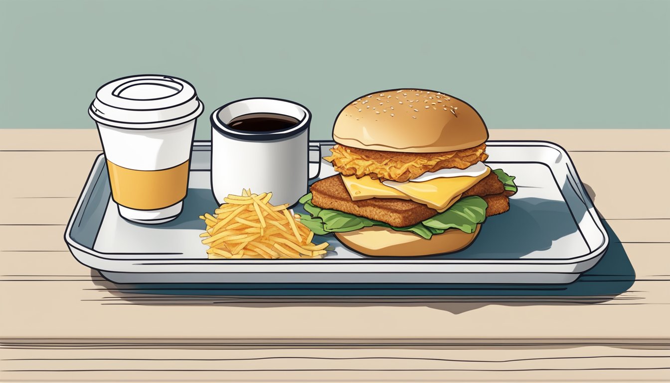 A breakfast sandwich, hash browns, and a coffee cup arranged on a tray