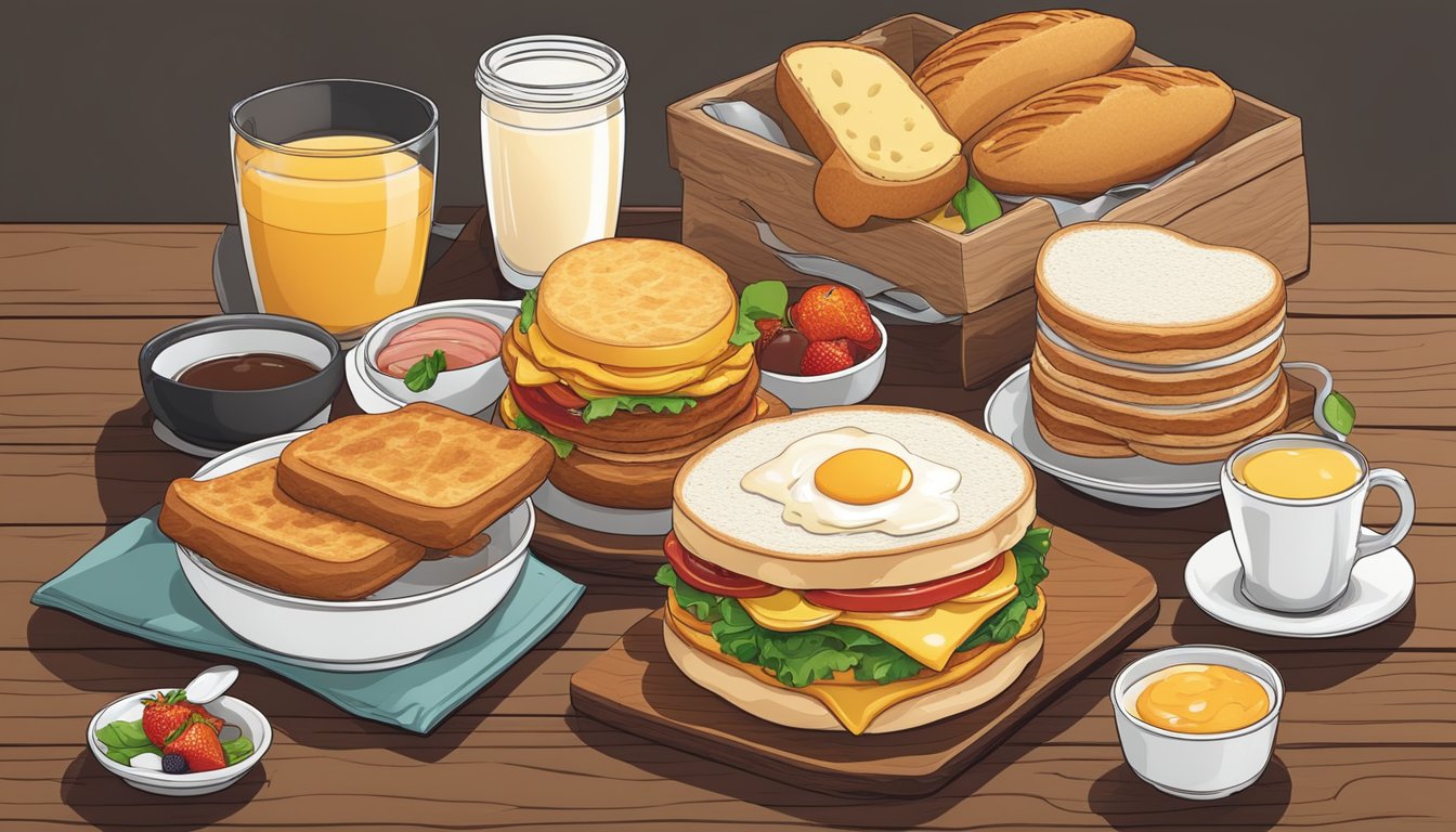 A mouth-watering spread of breakfast items arranged neatly on a wooden table, including a towering impossible breakfast sandwich, ready for meal prep