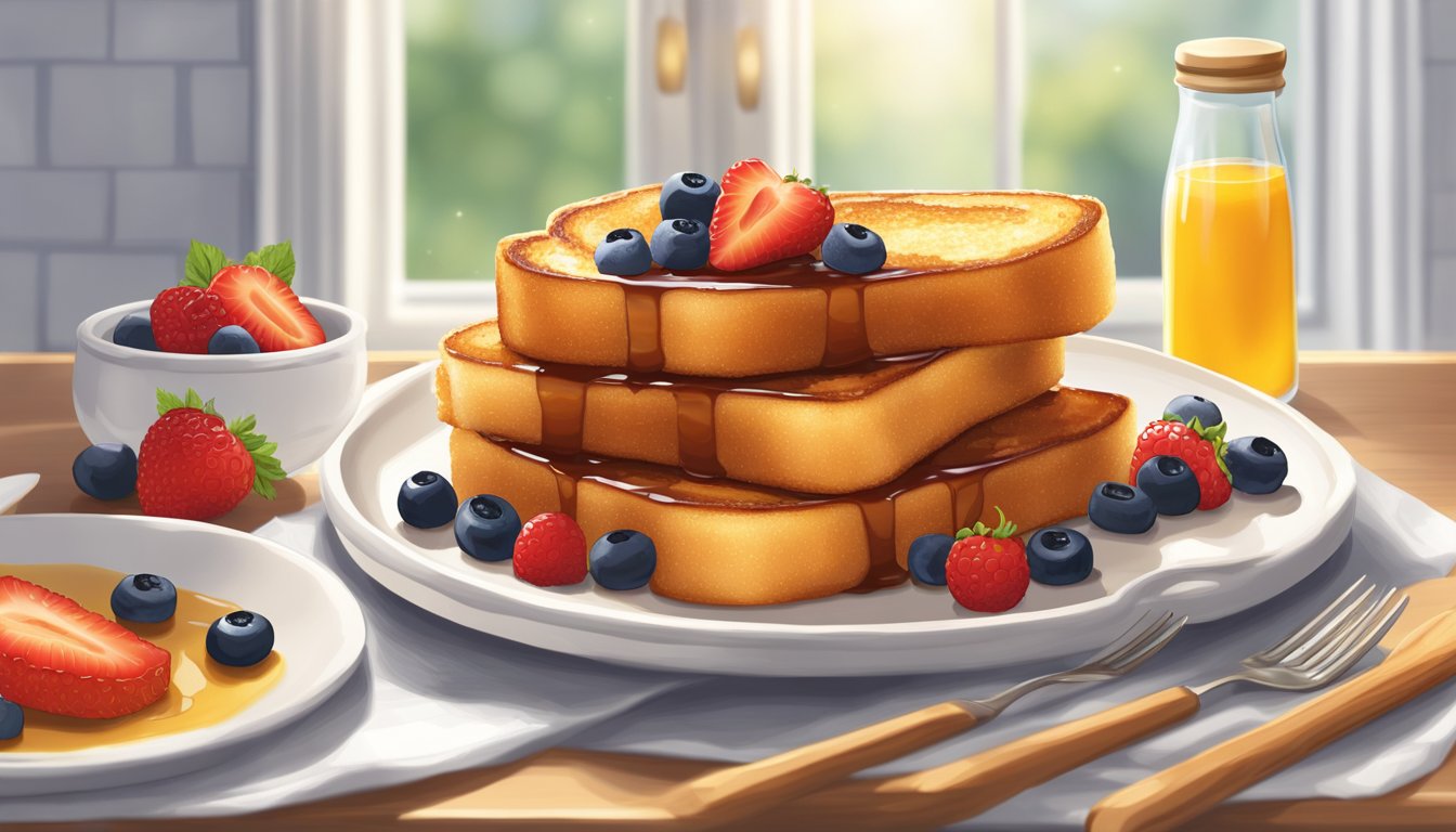 Golden French toast sticks arranged on a white plate with a side of syrup and fresh berries, set against a bright, clean kitchen backdrop