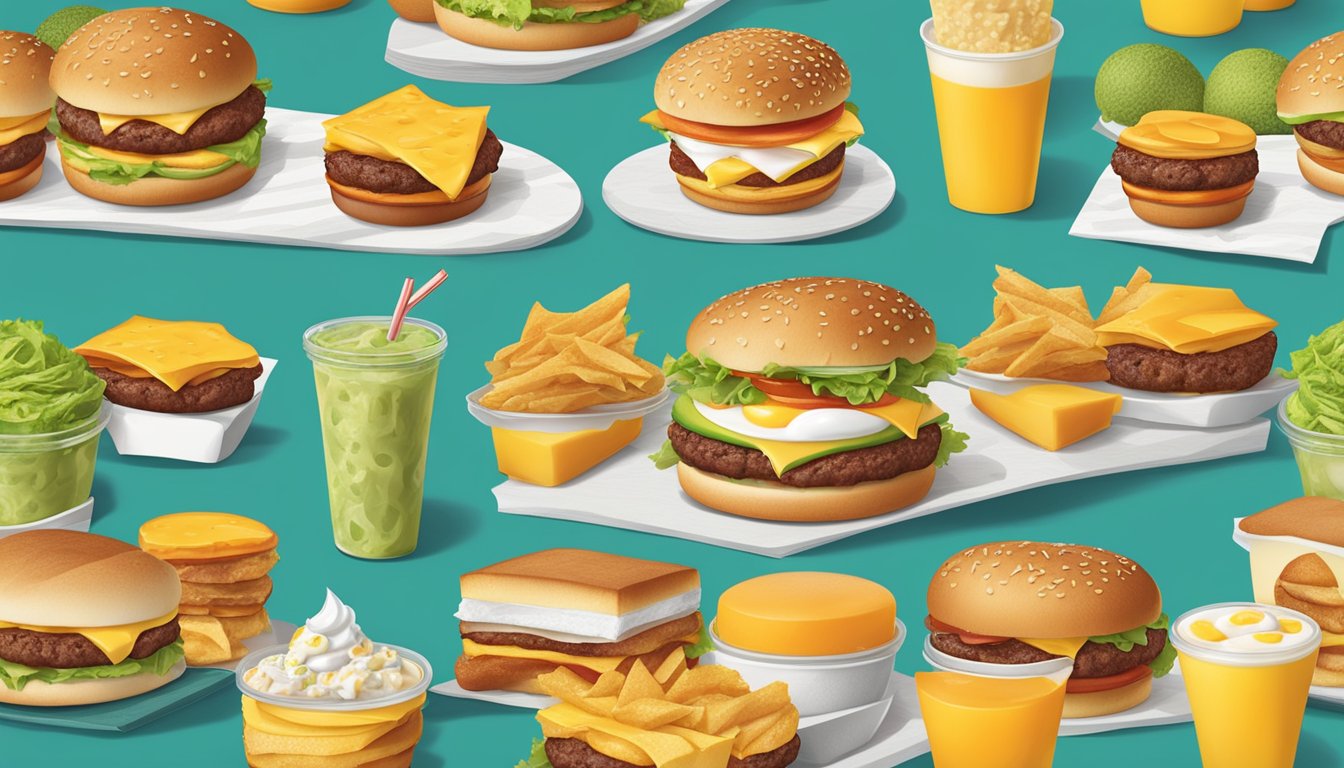 A table set with eight different Burger King breakfast options, each arranged with additional filling ingredients like avocado, eggs, and cheese