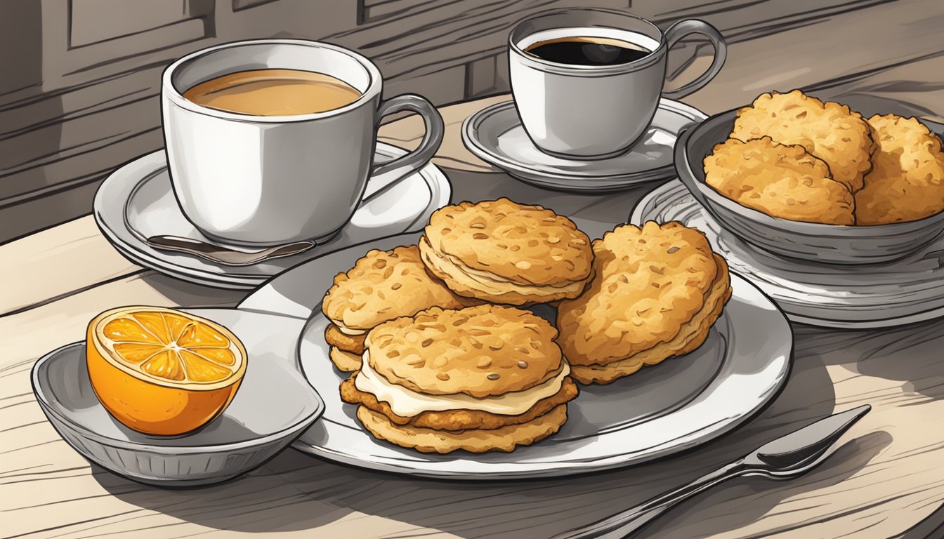 A rustic kitchen table with a plate of golden-brown chicken biscuits, accompanied by a steaming cup of coffee and a fresh orange