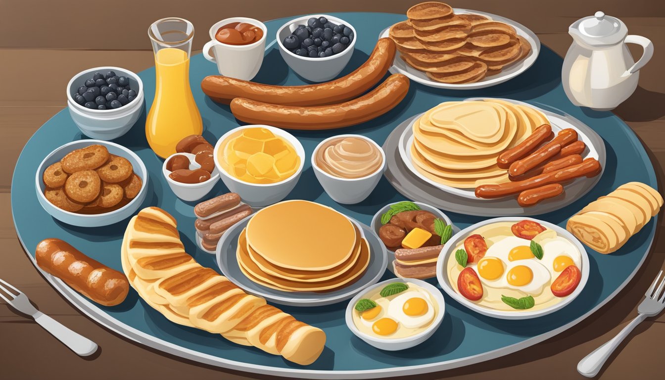 A platter with pancakes, sausage links, and various breakfast items arranged for sharing