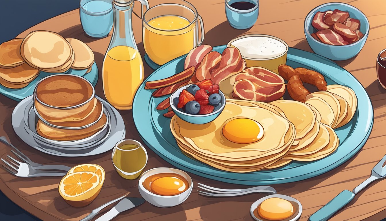 A colorful platter with pancakes, eggs, bacon, sausage, fruit, and syrup arranged neatly for a breakfast meal prep