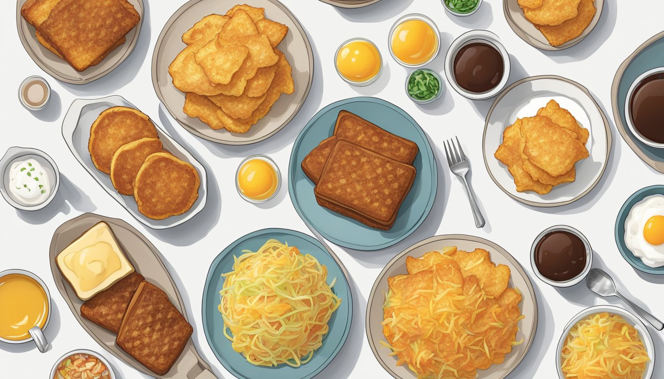 A spread of 9 neatly arranged BK breakfast items, including golden hash browns, on a clean, white countertop