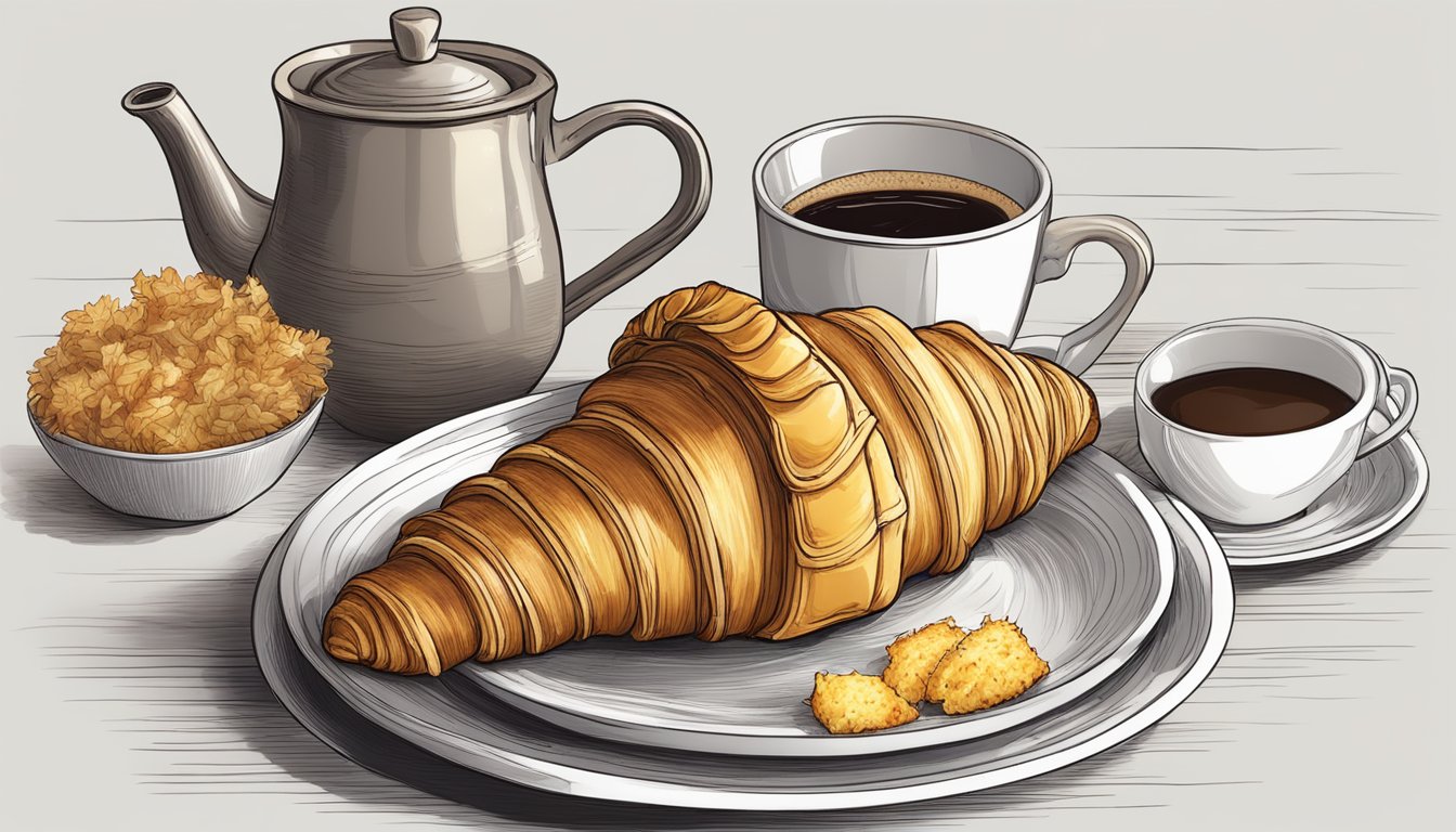 A golden croissant filled with sausage, egg, and cheese, surrounded by a steaming cup of coffee and a side of crispy hash browns