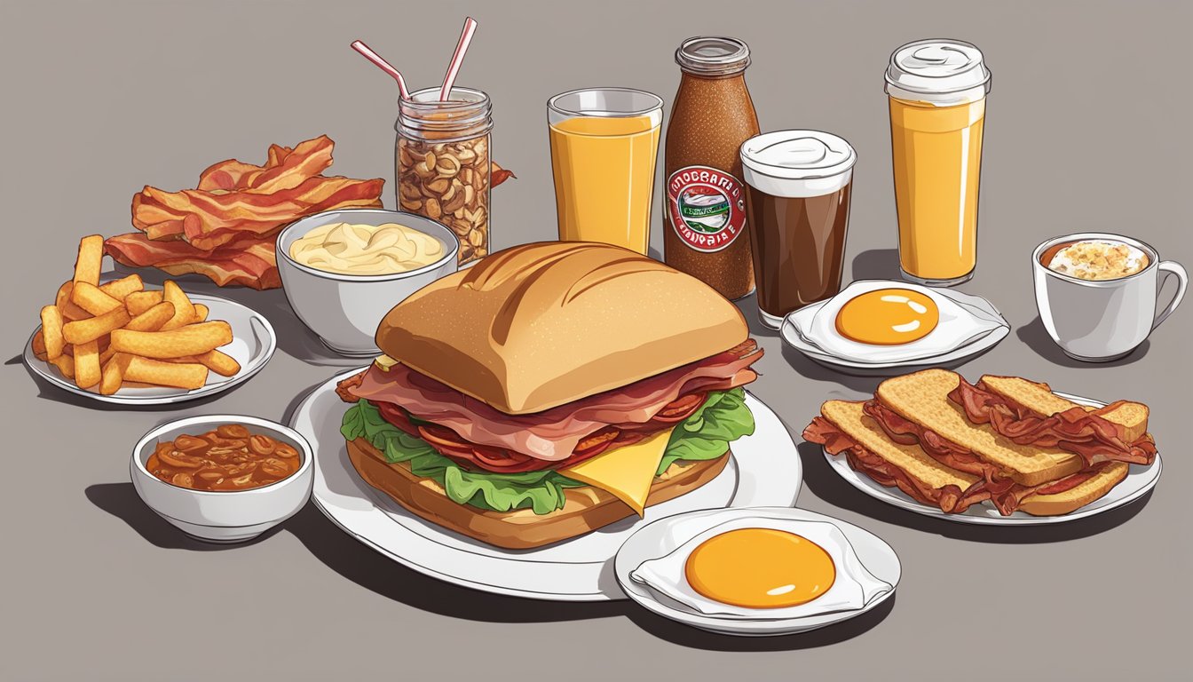 A mouth-watering Bacon King Sandwich surrounded by 7 BK breakfast items on a table