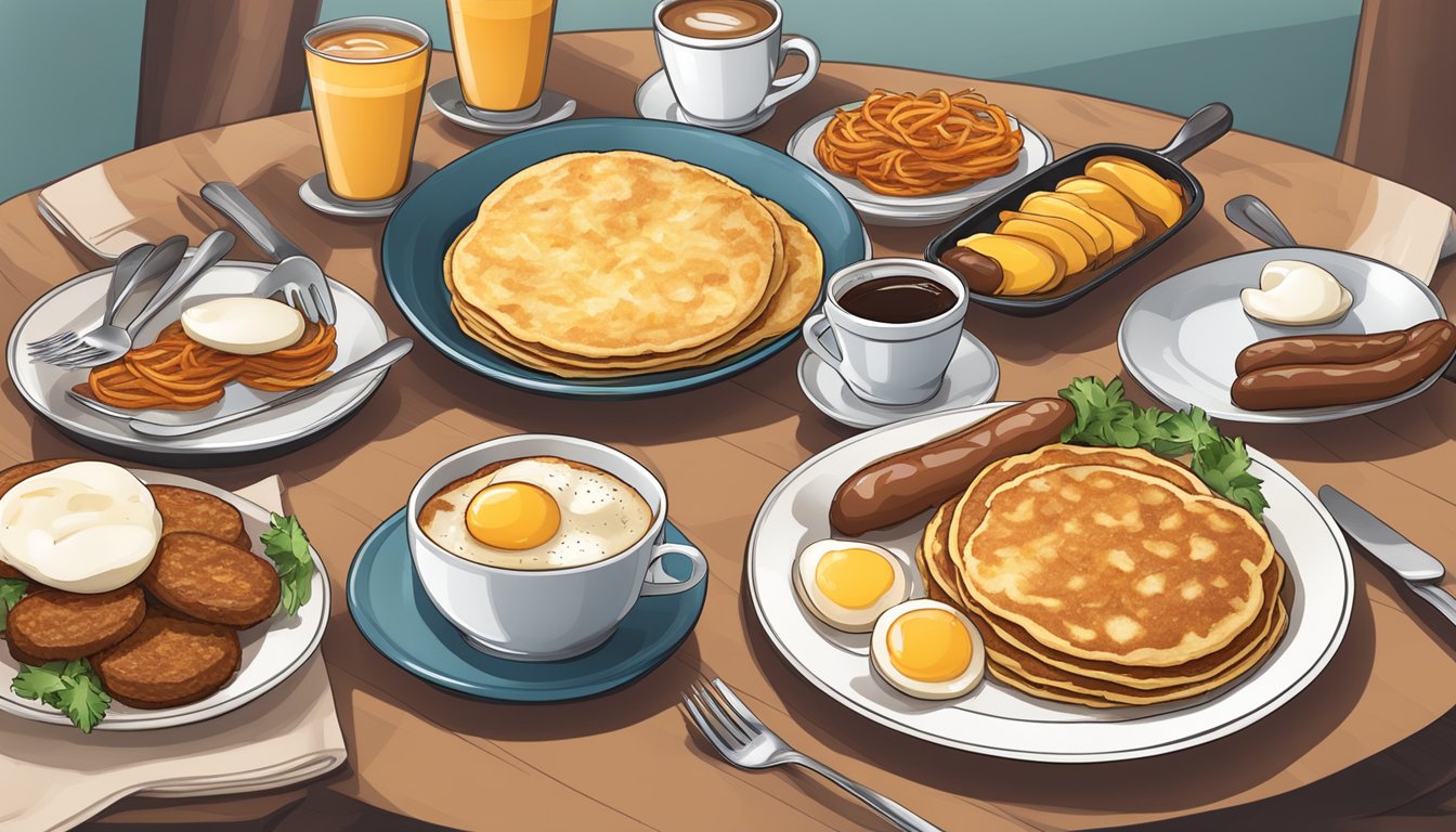 A table set with plates of hash browns, pancakes, sausage, eggs, and coffee