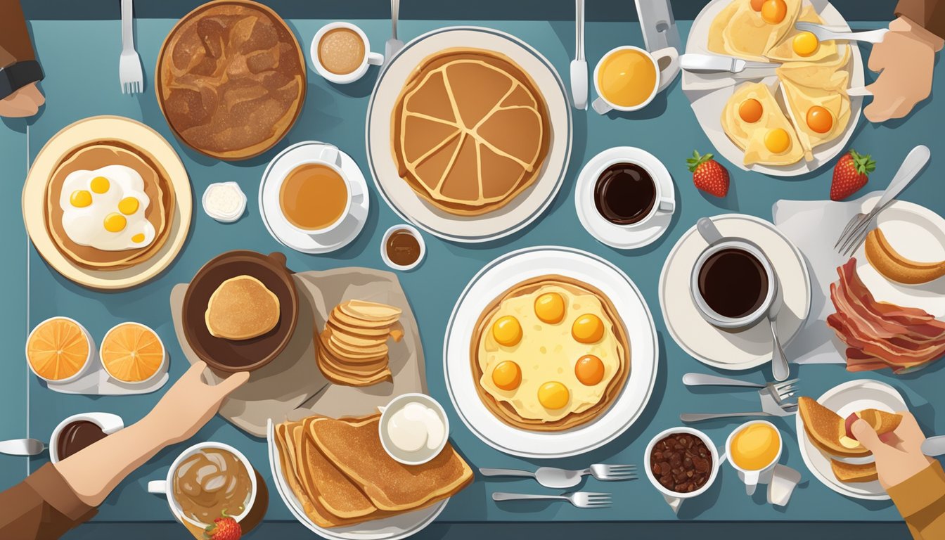 A table set with a variety of breakfast items, including pancakes, eggs, bacon, fruit, and coffee, with multiple plates and utensils for sharing