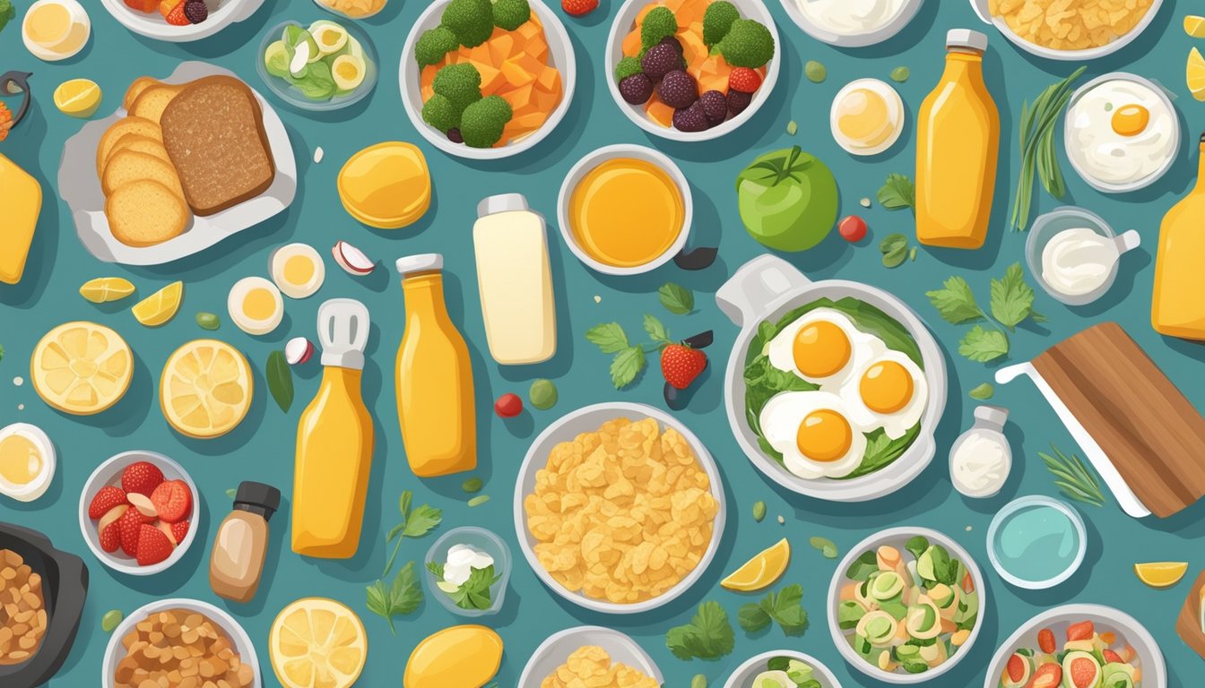 A kitchen counter with neatly arranged meal prep containers filled with various BK breakfast items, surrounded by fresh ingredients and cooking utensils