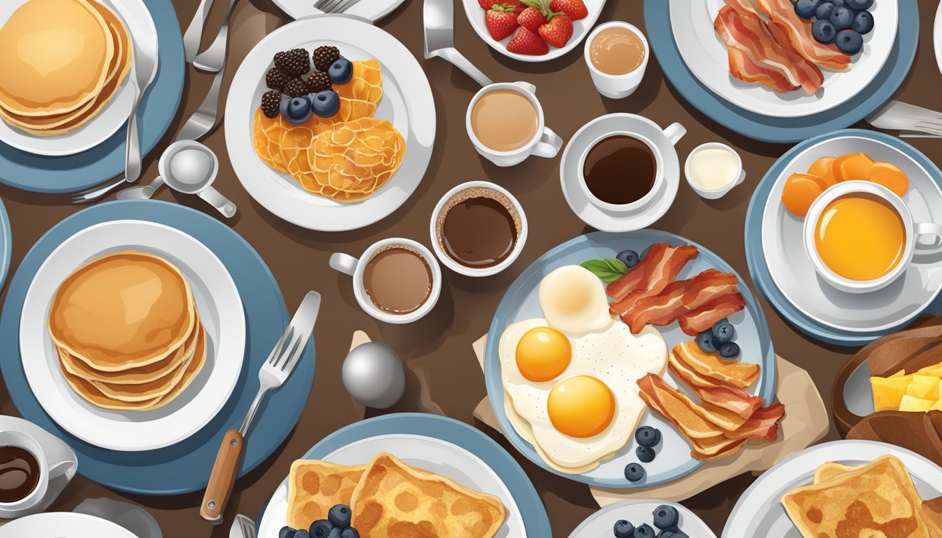 A table set with a variety of breakfast items, including pancakes, eggs, bacon, fruit, and coffee, arranged for sharing