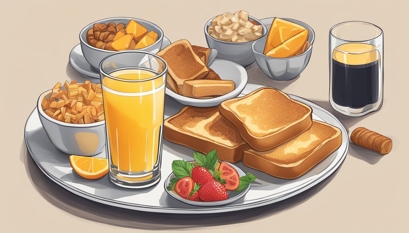 A plate of French toast sticks surrounded by a variety of breakfast items, with a glass of orange juice on the side