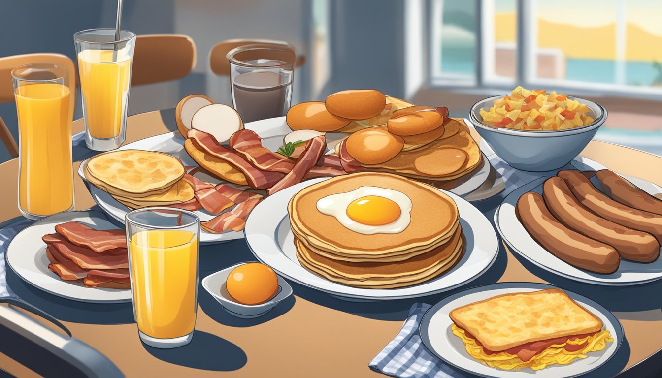 A platter with pancakes, eggs, bacon, sausage, hash browns, toast, and orange juice arranged in a breakfast setting