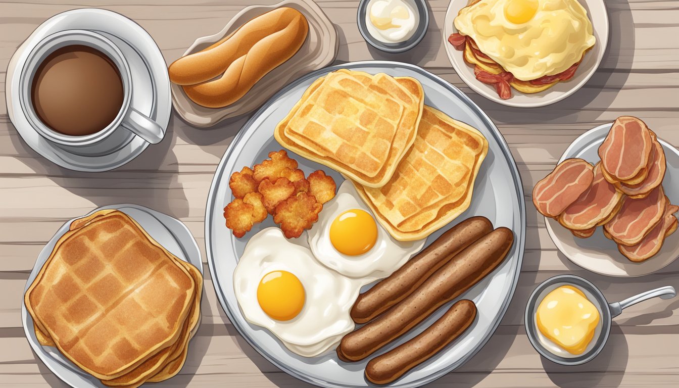 A platter with six classic breakfast items: pancakes, eggs, bacon, sausage, hash browns, and toast