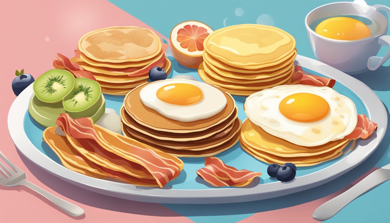 A colorful platter of pancakes, eggs, bacon, and fruit arranged neatly on a plate, with steam rising from the pancakes