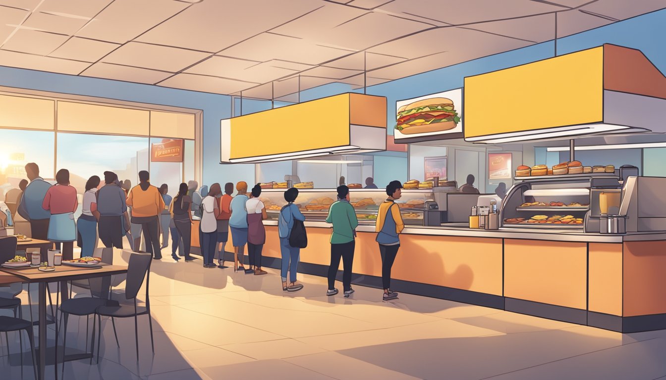 A bustling fast food restaurant at sunrise, with steam rising from freshly cooked breakfast items on display. Customers eagerly line up to order their favorite BK breakfast items