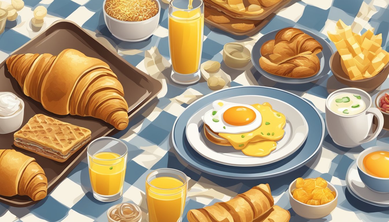 A golden croissant sandwich with a fluffy egg and melted cheese, surrounded by other breakfast items on a sunny, checkered tablecloth