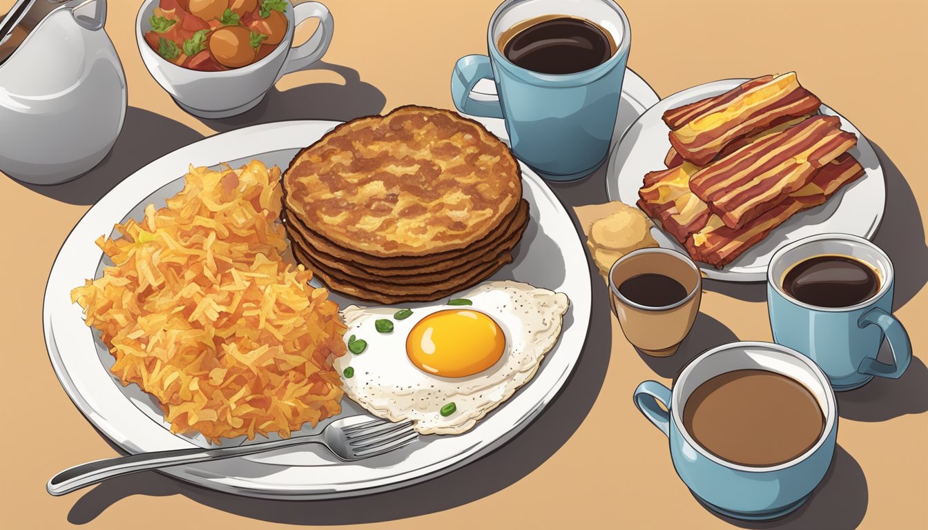 A plate of hash browns surrounded by other breakfast items, such as eggs and bacon, with a coffee cup in the background