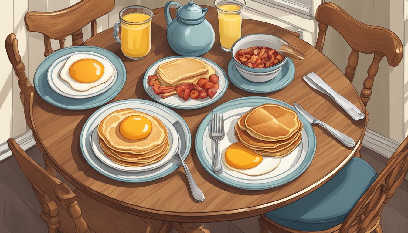 A table set with classic breakfast items like eggs, bacon, pancakes, and fruit, surrounded by vintage kitchen decor