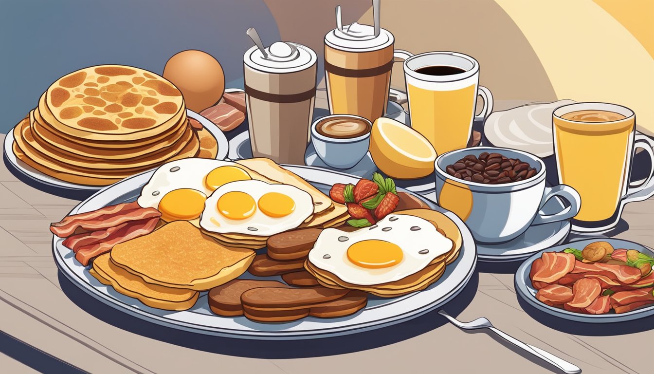 A colorful platter with pancakes, eggs, bacon, sausage, hash browns, fruit, toast, and coffee, arranged in a balanced and appetizing display