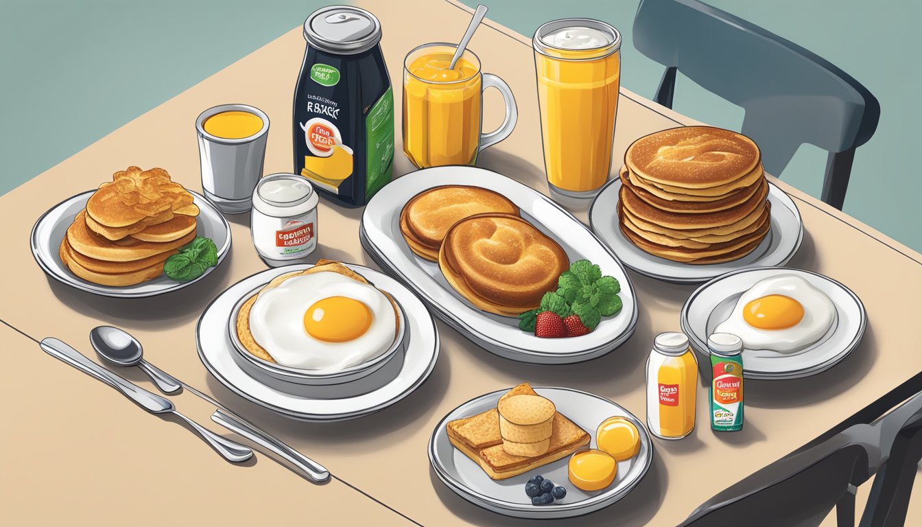 A table with 6 iconic BK breakfast items arranged neatly on plates with branded packaging and condiments