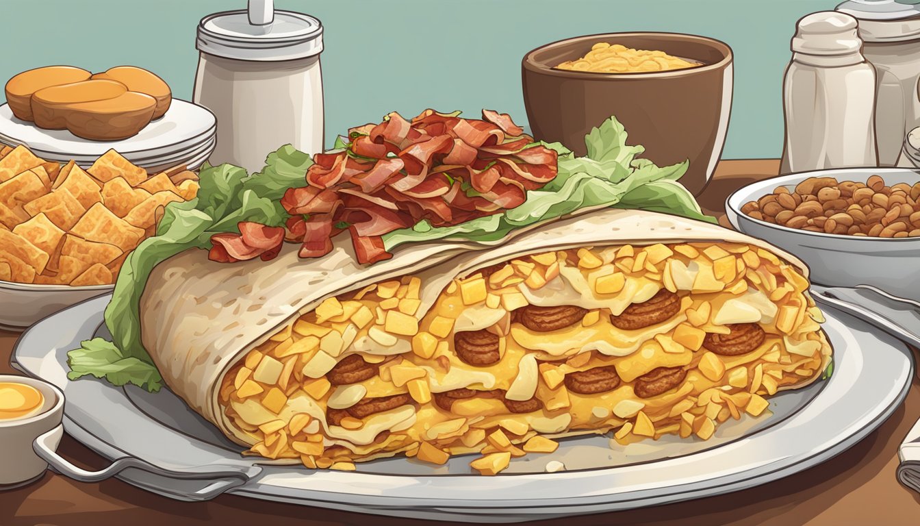 A giant burrito surrounded by breakfast items like eggs, bacon, hash browns, and sausage, all piled high on a plate