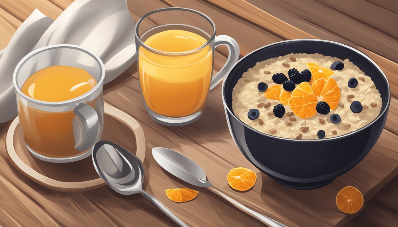 A bowl of oatmeal topped with dried fruit sits on a wooden table, surrounded by a mug of coffee and a glass of orange juice