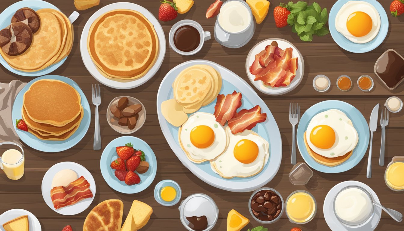 A table with a variety of breakfast items, such as pancakes, eggs, bacon, and fruit, displayed in a way that suggests they could be enjoyed at any time of day