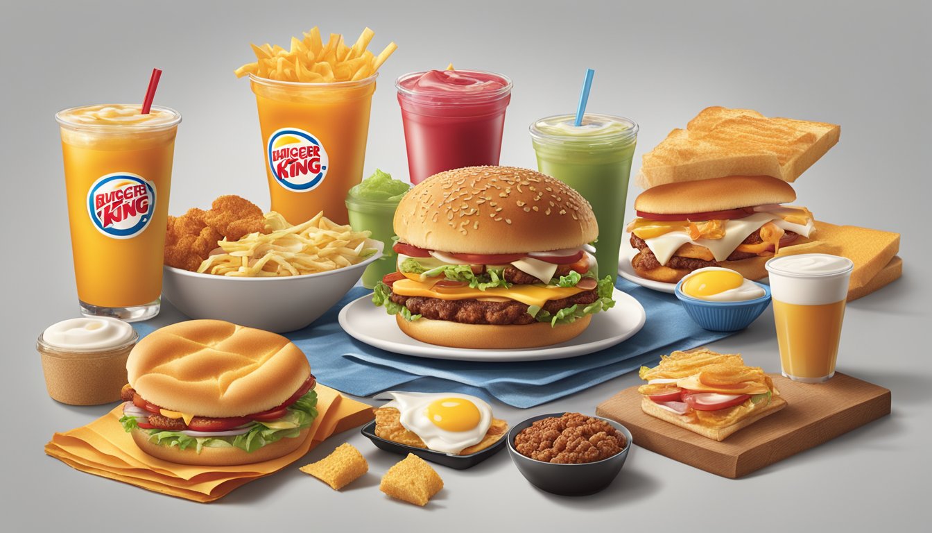 A table with a variety of breakfast items from Burger King's dollar menu, creatively arranged with accompanying condiments and beverages