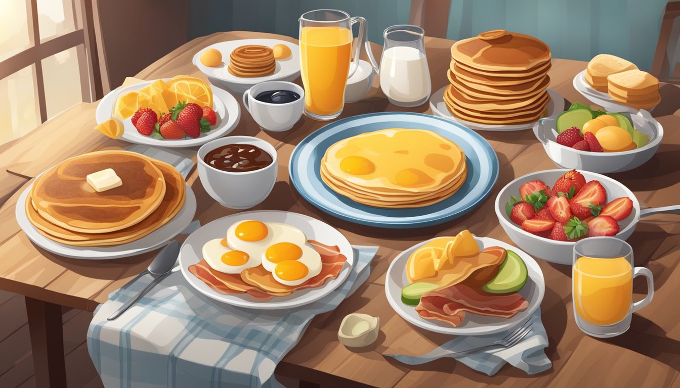 A table set with a variety of breakfast items such as pancakes, eggs, bacon, and fruit, with a warm and inviting atmosphere