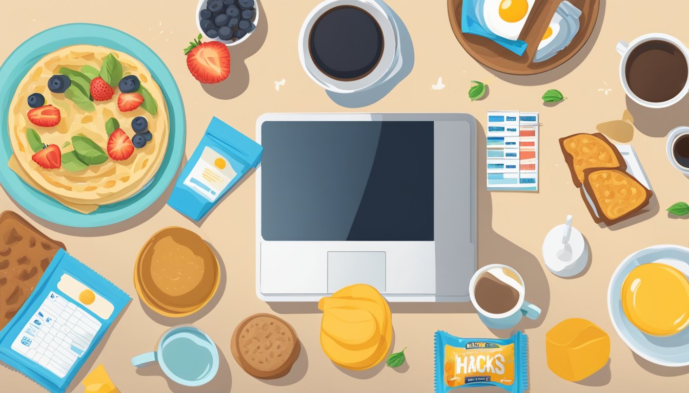 A table with a laptop displaying BK coupons, surrounded by breakfast items creatively arranged to depict budget-friendly hacks