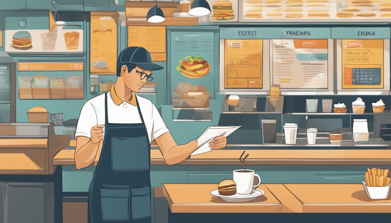 A person ordering coffee at a fast-food restaurant, holding a loyalty card and looking at a menu with breakfast items