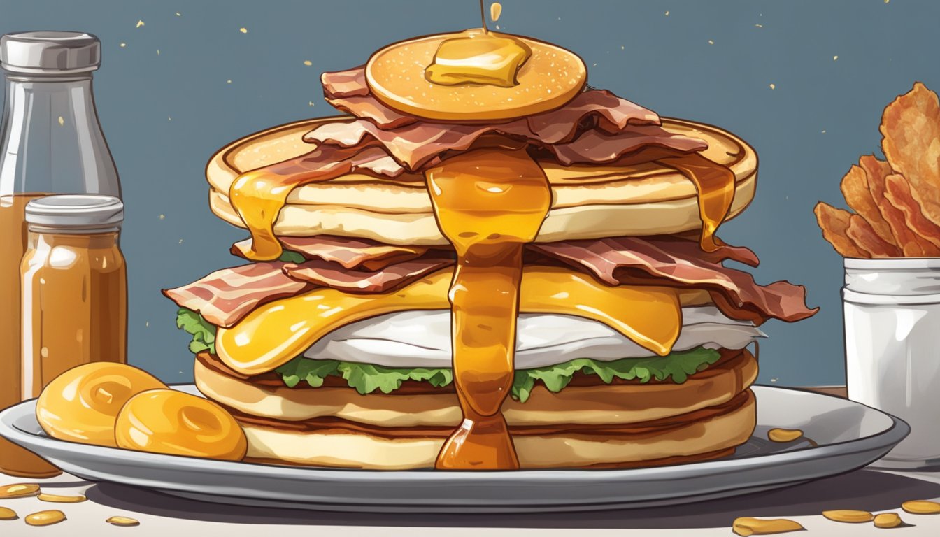 A towering pancake sandwich, oozing with bacon and maple syrup, surrounded by a halo of breakfast items