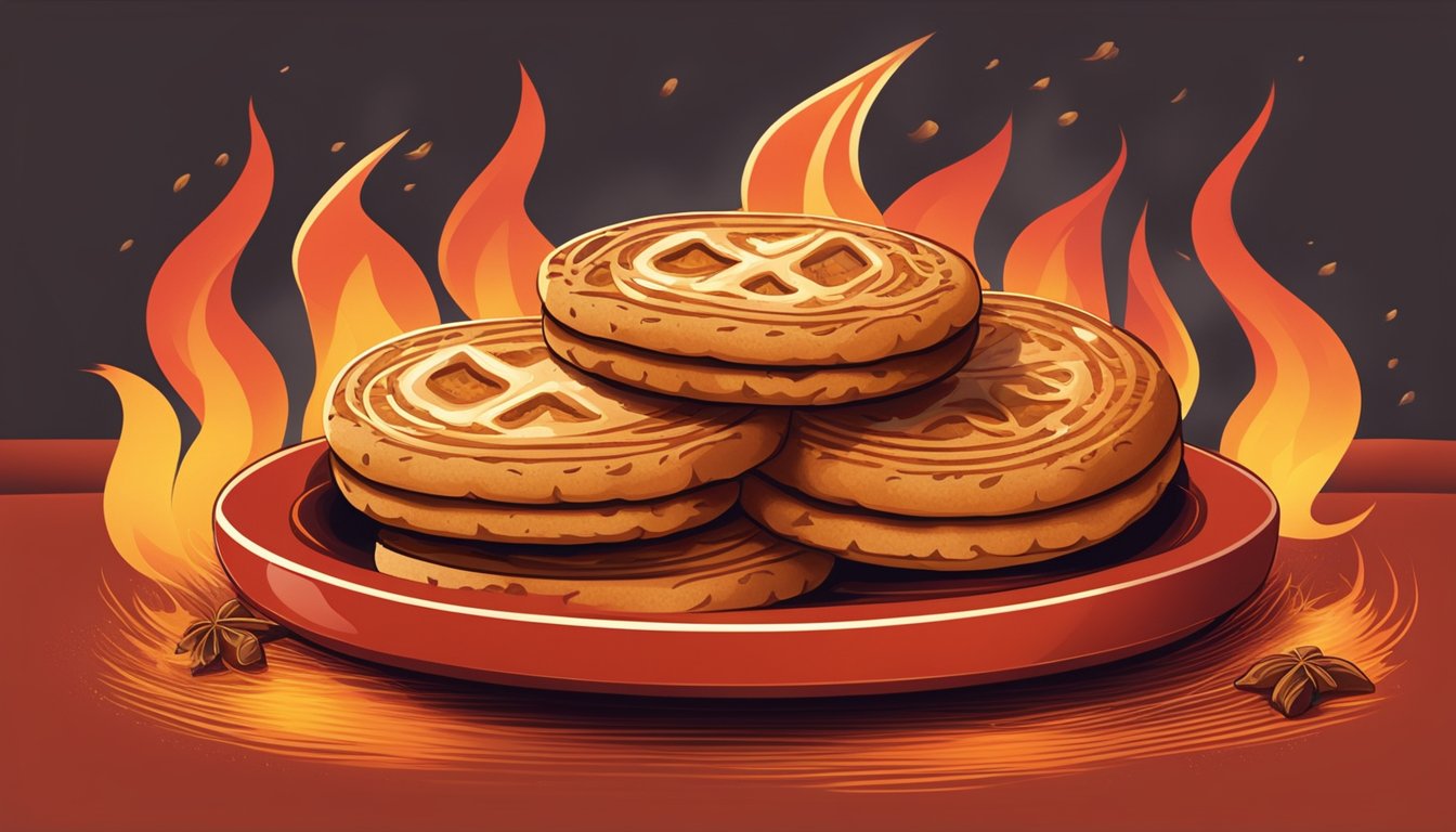 A plate of hot cinnamon biscuits surrounded by flames, smoke rising, with a fiery red background