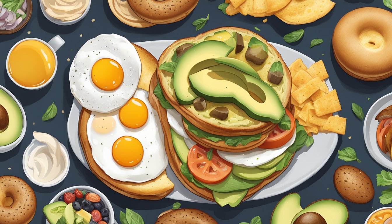 A toasted bagel topped with sliced avocado and a fried egg, surrounded by a variety of breakfast foods