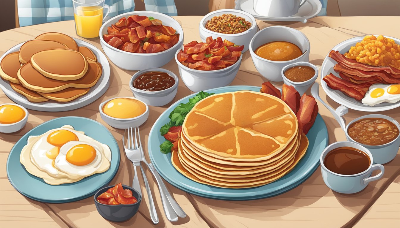 A table spread with a variety of breakfast items, including pancakes, eggs, and bacon, all adorned with vibrant and spicy seasonings and sauces