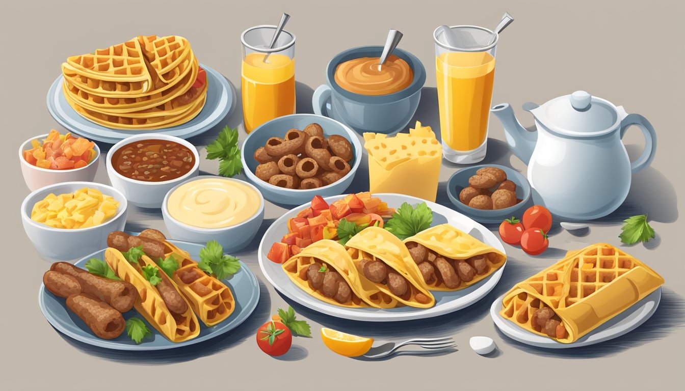 A plate of waffle tacos filled with sausage and cheese, surrounded by a variety of breakfast items