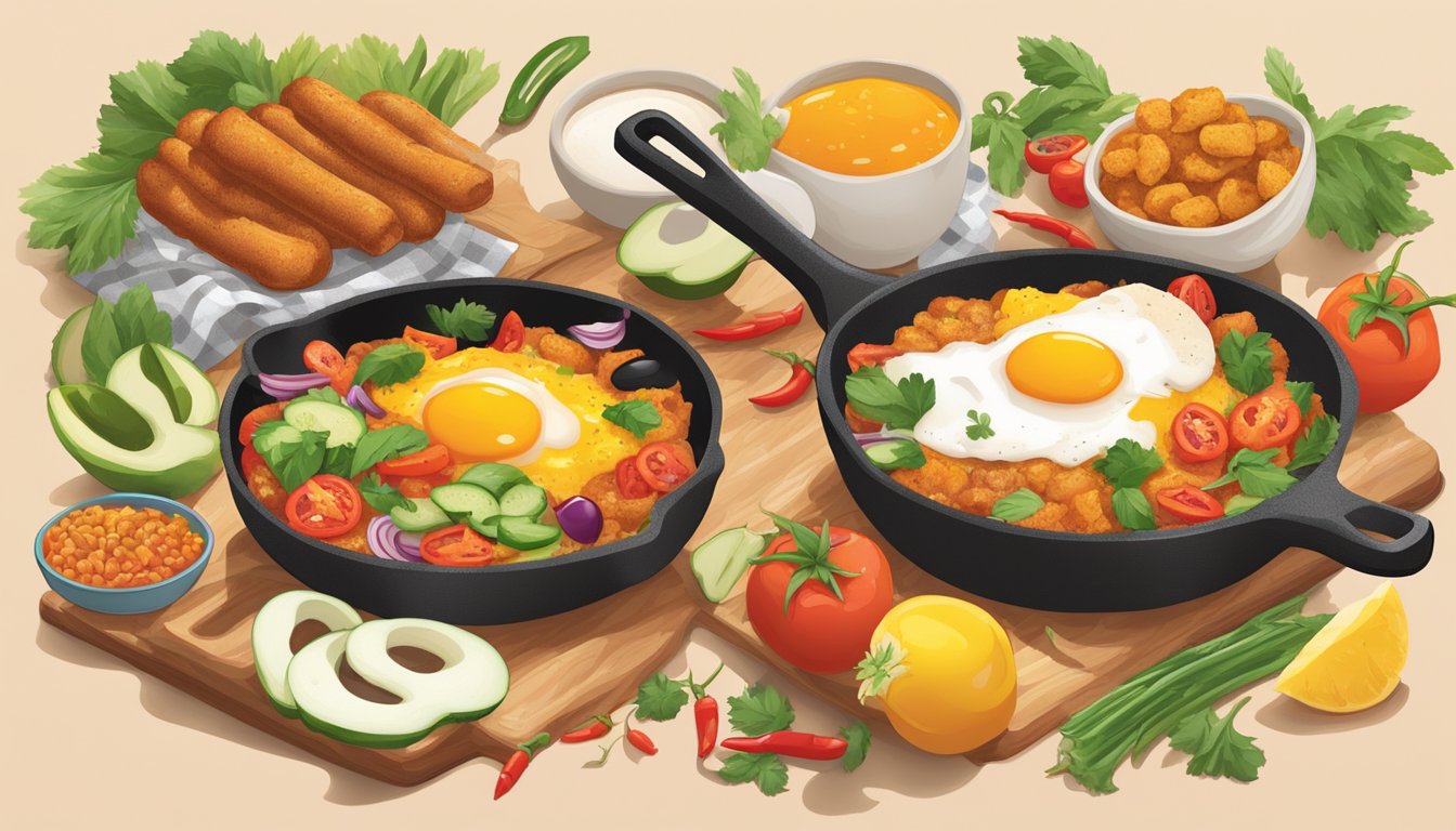 A sizzling skillet of spicy breakfast items, surrounded by vibrant ingredients and bold flavors, creating a surprising and unexpected twist on classic morning dishes