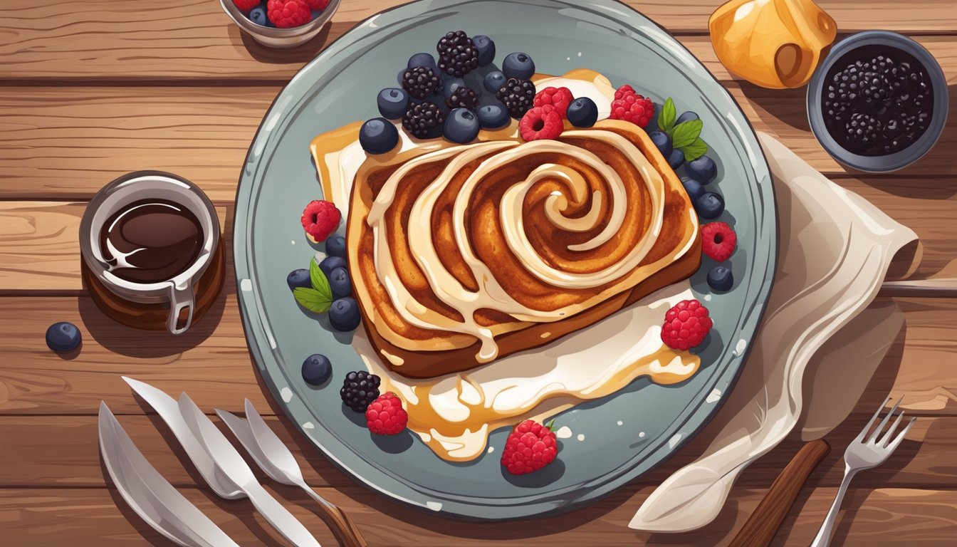 A plate of Cinnamon Roll French Toast surrounded by fresh berries and drizzled with syrup sits on a rustic wooden table